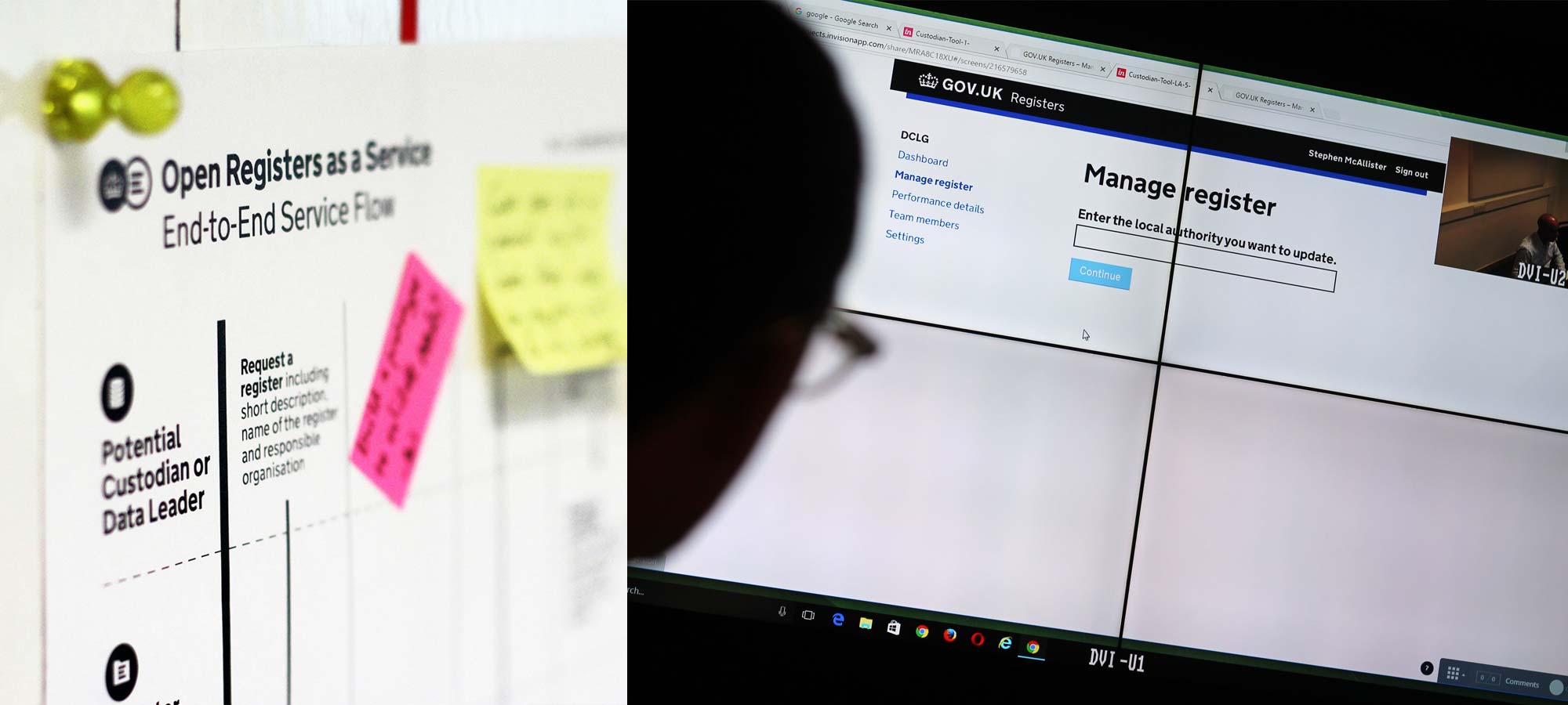 Printout of an end-to-end service flow for GOV.UK Registers and a screen for managing registers during a user research session
