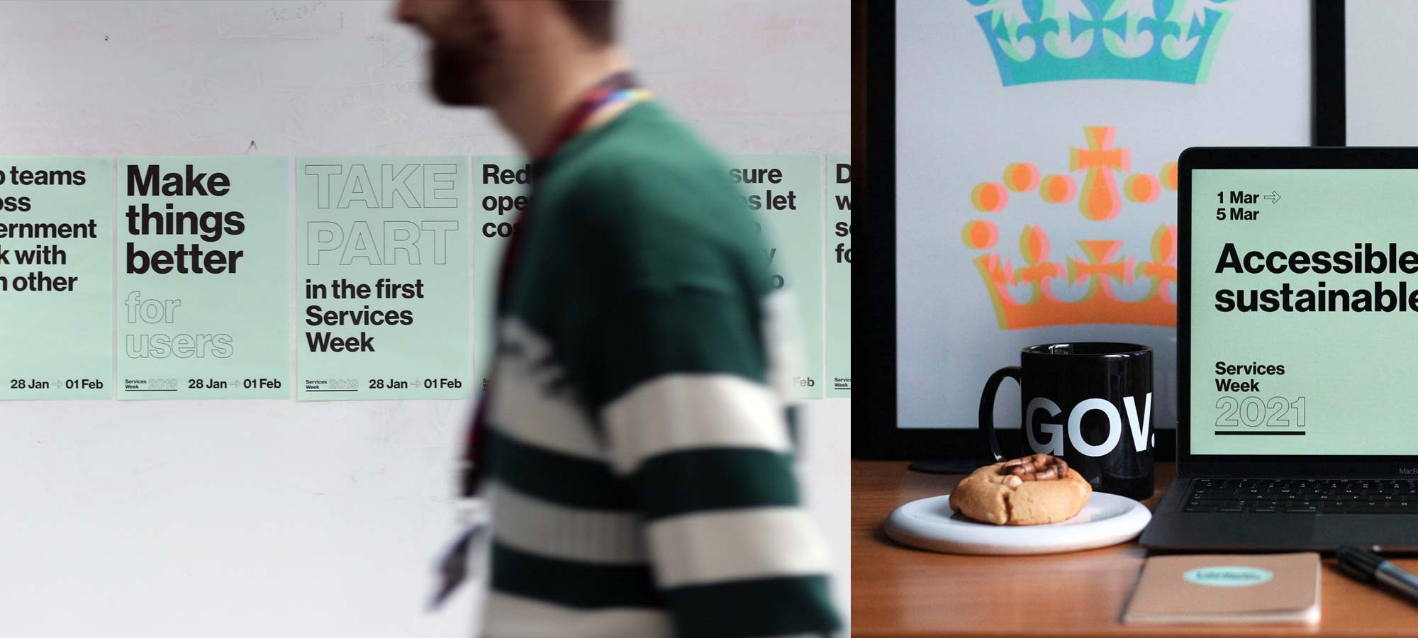 Posters of Services Week 2019 at the wall in the GDS office, and a Services Week 2021 screen on a laptop at home with GOV.UK cup next to it